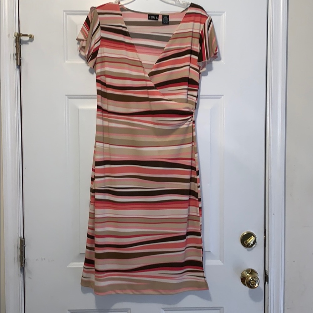 Mixit Striped Wrap Dress Large Pink Brown Tan Short Sleeve Knee Length Stretch